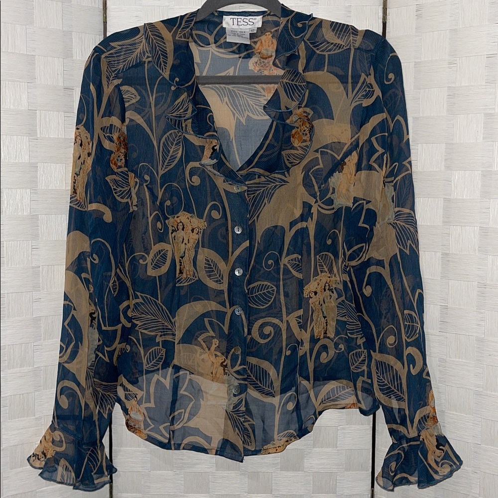 Tess Silk Fountain Girls and Drummers Ruffle Blouse Top🌺 - Picture 3 of 10